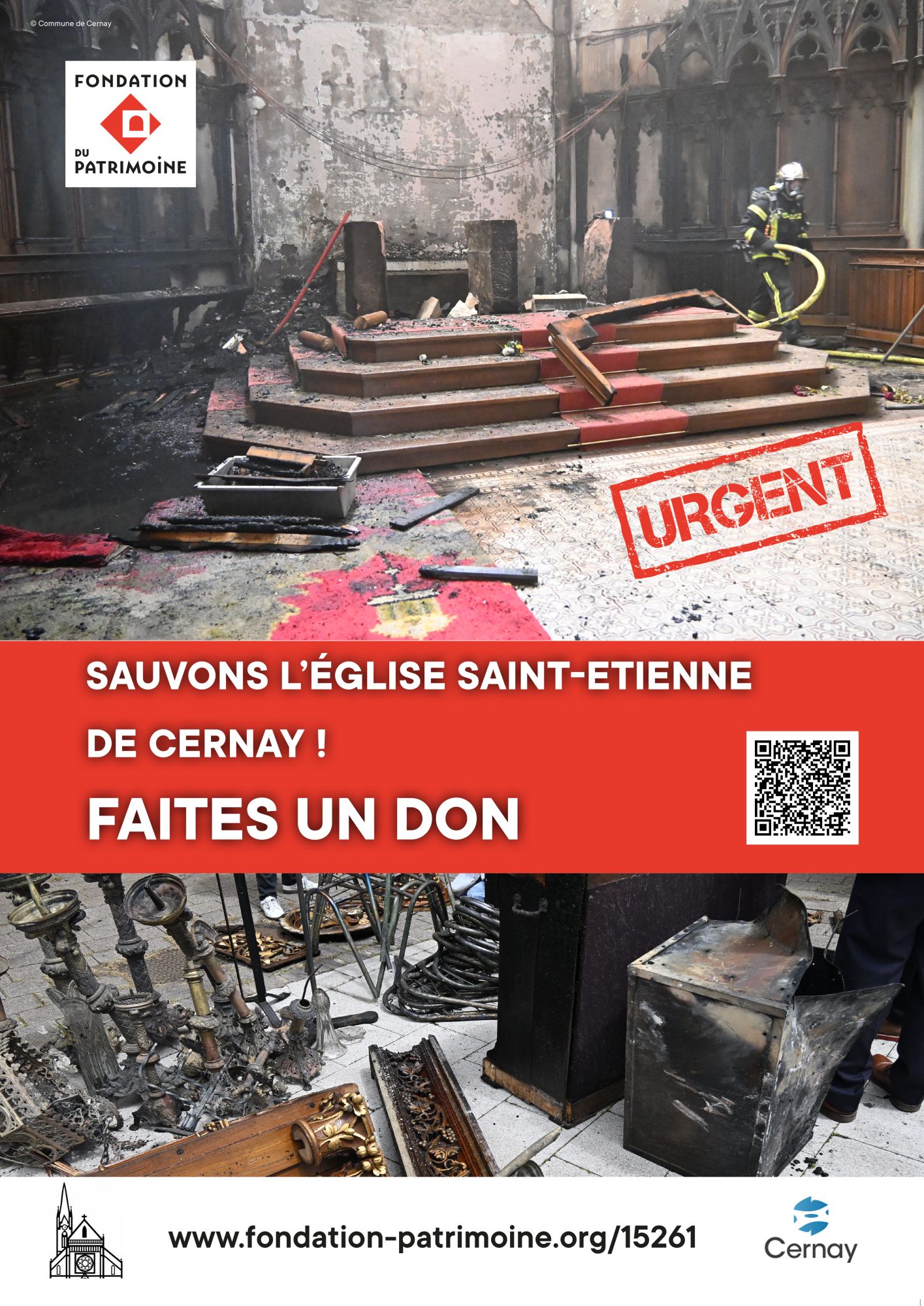 Appel aux dons - Fondation du patrimoine - église Saint Etienne de Cernay On y voit les dégats de l'incendie de l'église Saint Etienne de cernay suite à un incendie