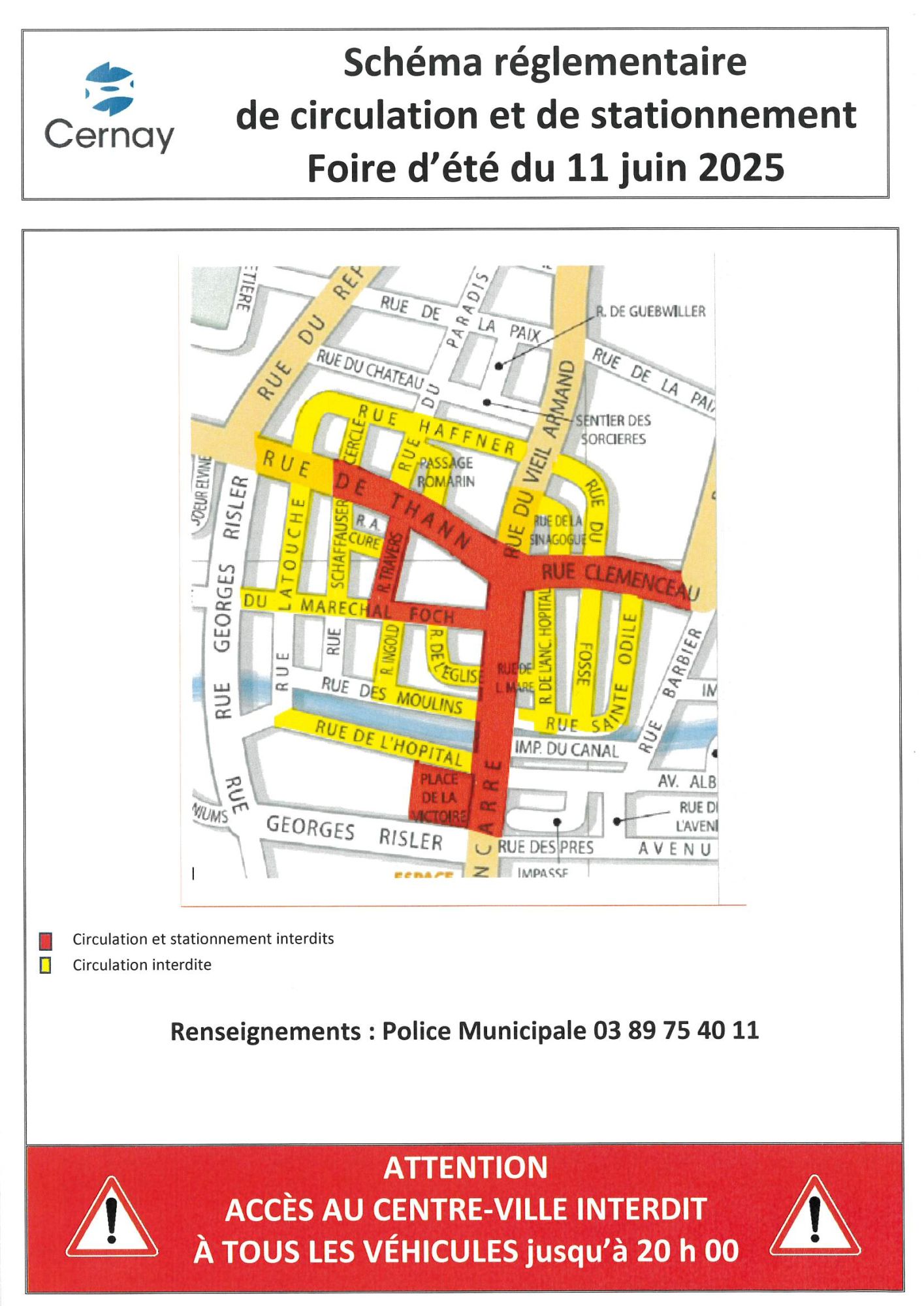 Plan stationnement et circulation durant la Foire d'été du 11-06-25 à Cernay