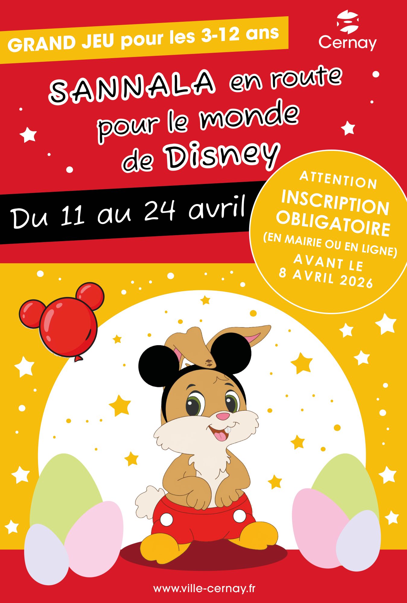 Jeu de Pâques 2026 - Cernay pour les 3-12 ans On y voit le lapin Sannala déguisé en Mickey de Disney