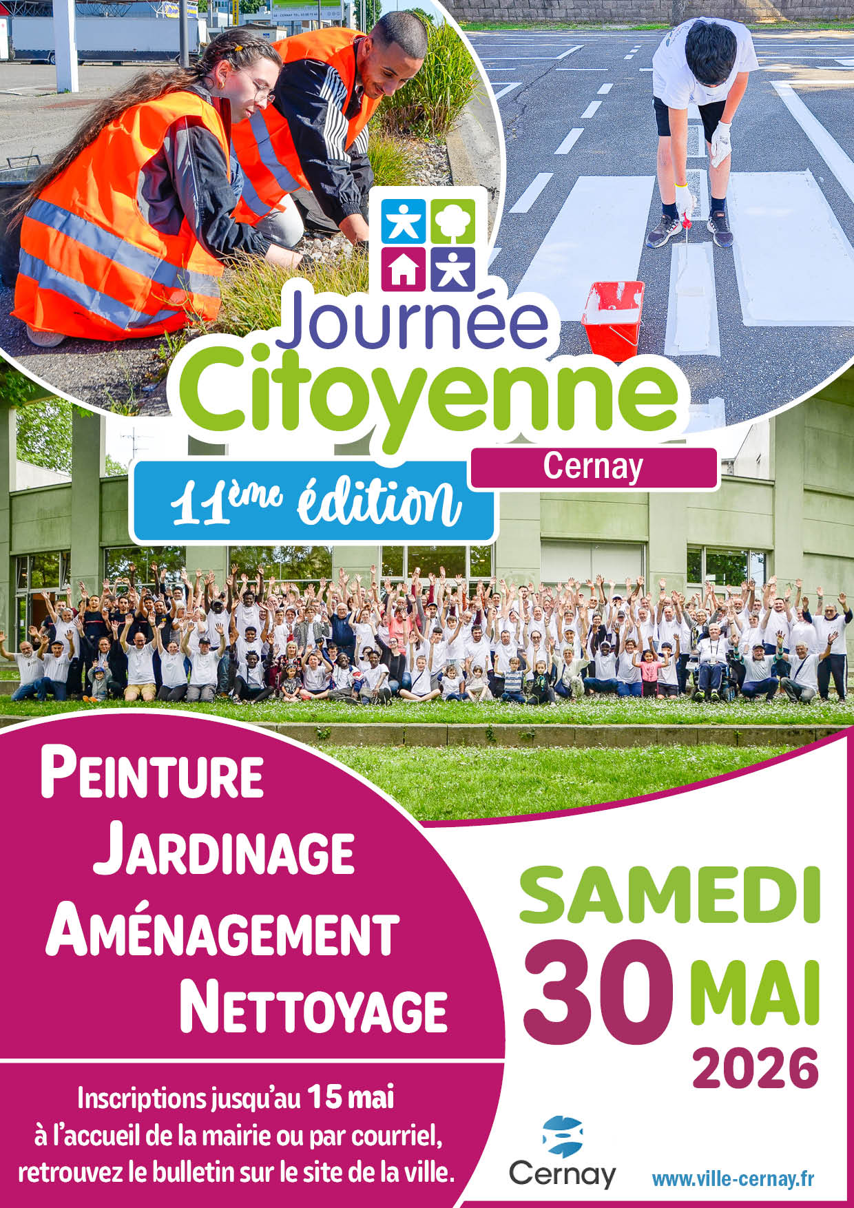 On y voit des habitants de Cernay r&eacute;alis&eacute;s des petits traveaux, peinture, d&eacute;sherbage... dans le cadre de la journ&eacute;e citoyenne.