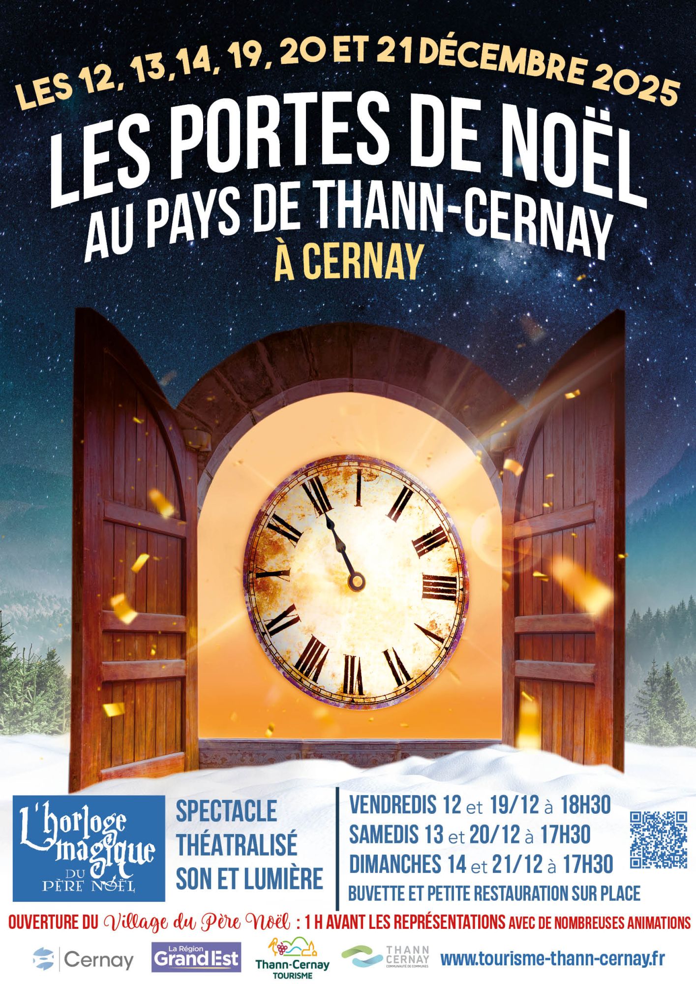 Noël à Cernay 2025 On y voit une porte en bois ouverte avec une horloge qui sort et en fond un paysage de Noël