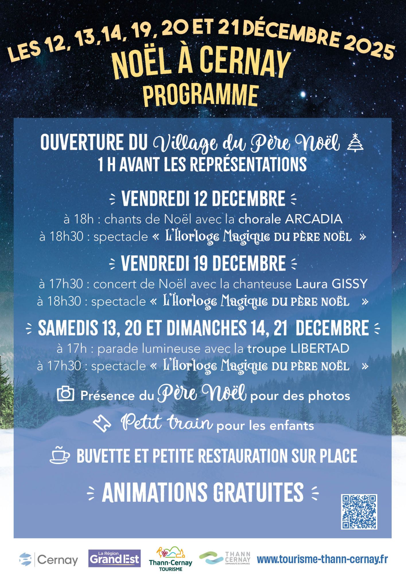 Programme des festivités de Noël à Cernay 2025 On y voit un paysage sous la neige
