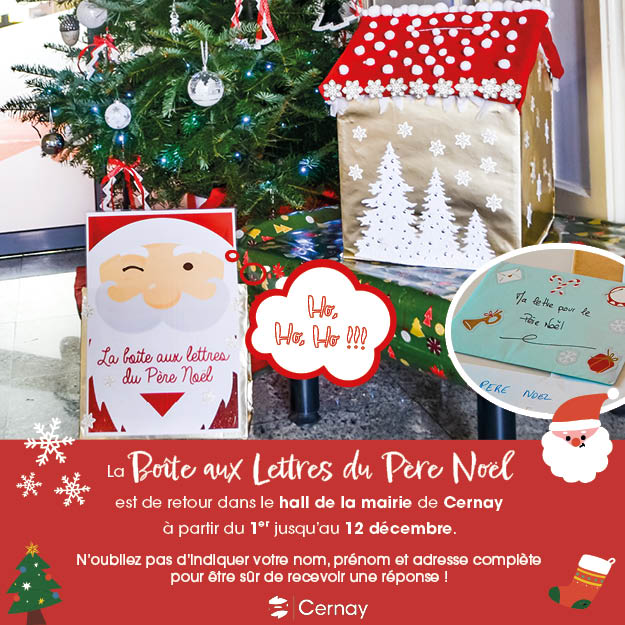 La boîte aux lettres du Père Noël Cernay 2025 On y voit un sapin décoré avec des décorations de Noël et la boîte aux lettres du Père Noël dans le hall de la Mairie de Cernay