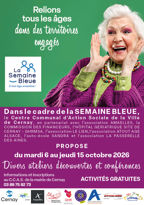 Programme de la Semaine Bleue à Cernay du 6 au 15 otcobre 2026 On y voit une grand-mère heureuse avec les mains autours de la bouche