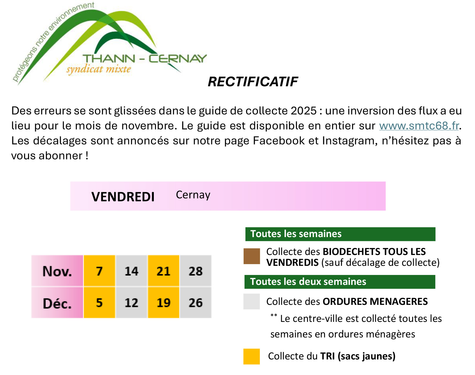 RECTIFICATIF NOVEMBRE 2025 - CALENDRIER COLLECTE DE TRI CERNAY