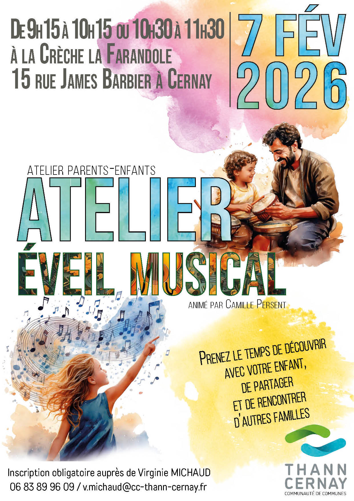 On y voit une jeune fille entour&eacute;e d'une partition avec des notes de muisque et un adulte qui accompagne un enfant avec des tambourins