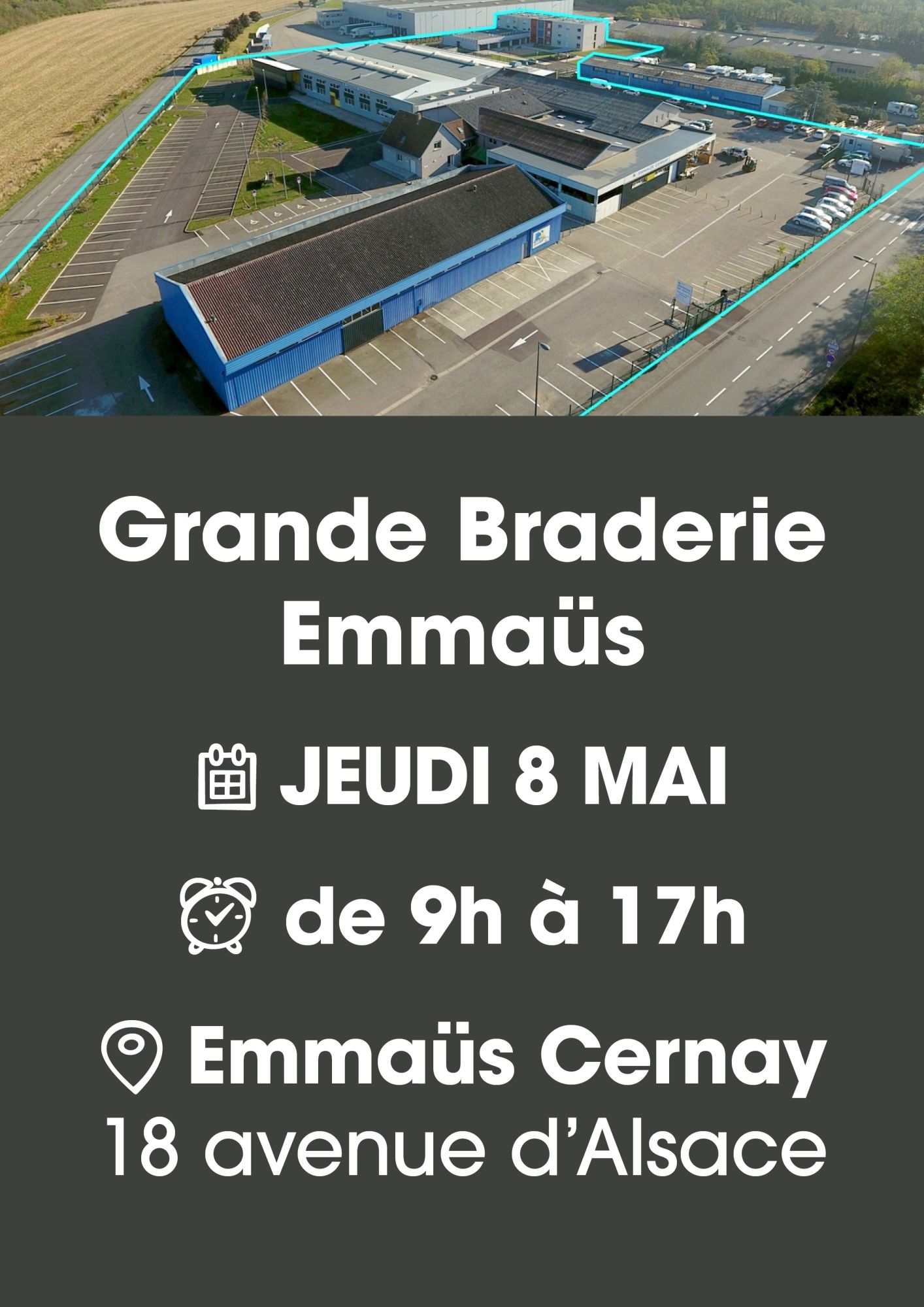 En haut de l'affiche, on y voite une photo des bâtiments de l'association Emmaüs de Cernay