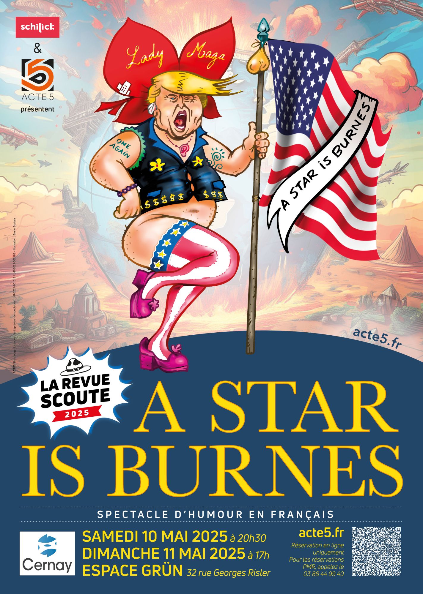 Sur l'affiche on y voit une caricature de Donald Trup avec la coiffe alsacienne, des bas au couleur du drapeau amiricain, il tient un drapeau américain avec une annotation A star is burnes