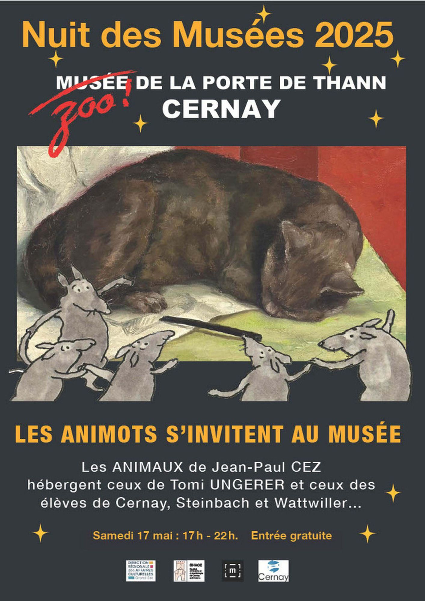 On y voit un tableau du peintre Cez un chat gris qui dort sur une couverture verte, des souris ont été rajoutées sur l'affiche