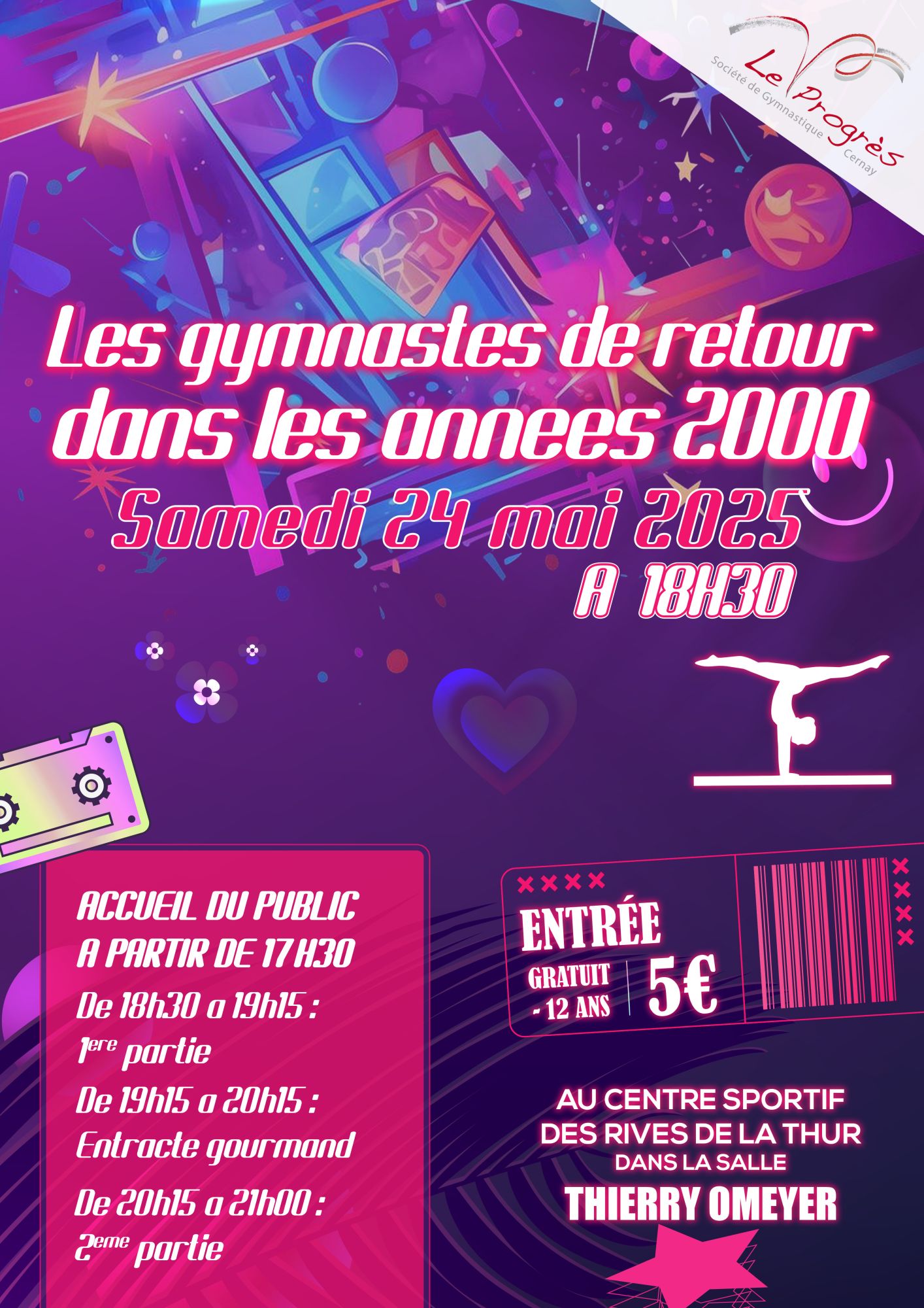 En fond d'affiche, ont y voit des formes dans les tons violet et une cassette audio rose et jaune, ainsi que lune forme de gymnaste blanche sur une poutre