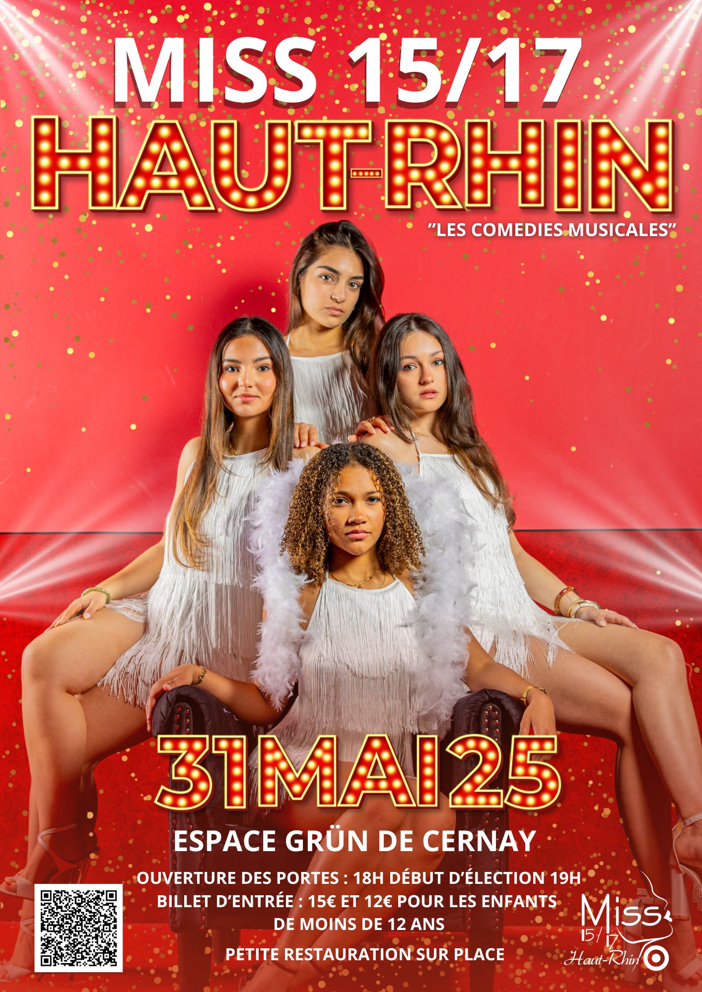 On y voit 4 jeunes filles habillées avec des robes blanches sur un fond rouge avec des paillettes dorées