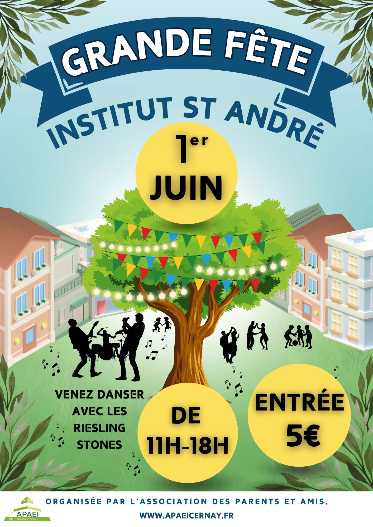 On y voit au milieu de l'affiche un arbre avec des guirlandes drapeaux et lumineux, autour des mainsons et sous l'arbre des personnes qui dansent avec un orchestre