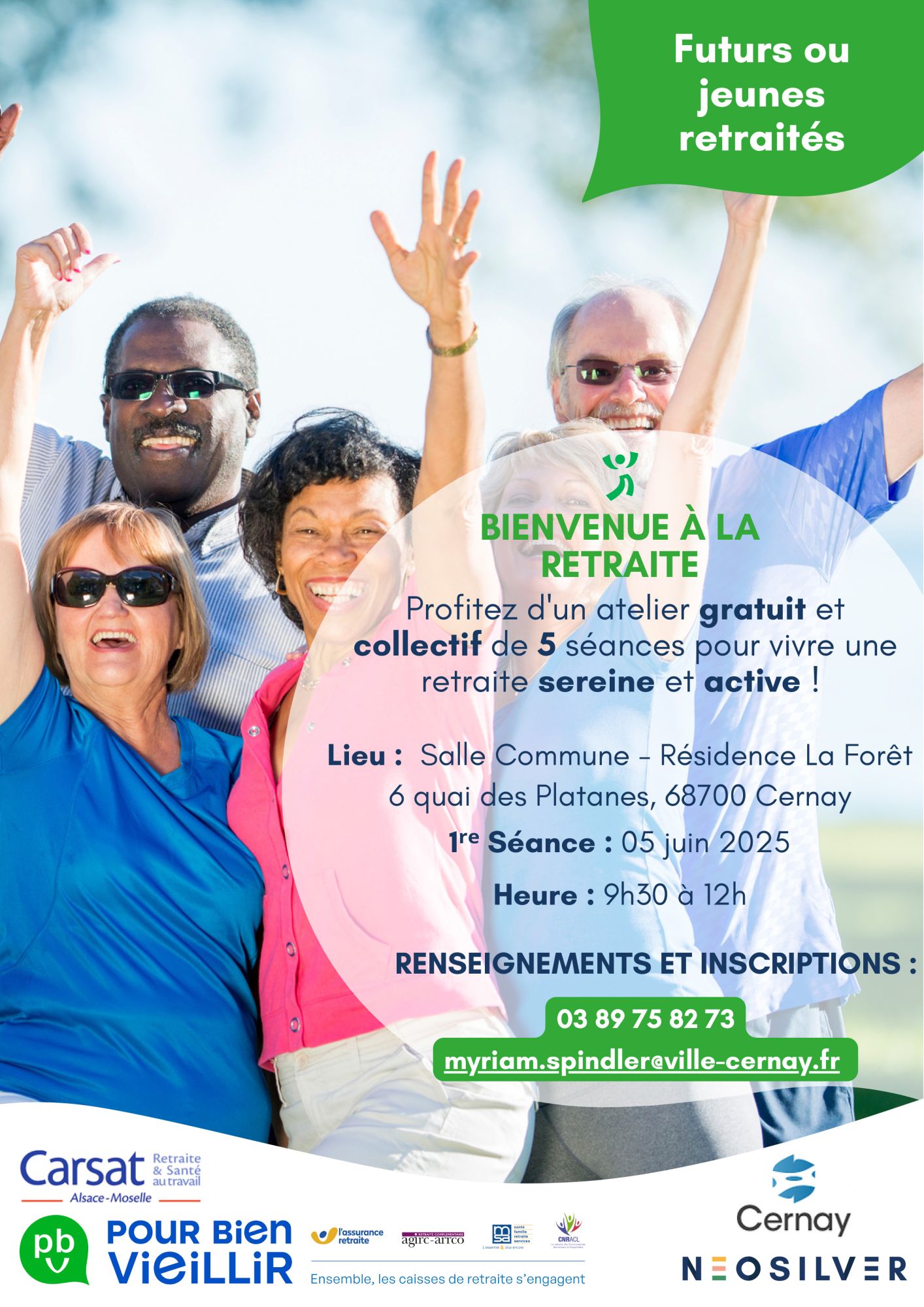Sur l'affiche, on y voit 4 retraités souriants, 2 hommes et 2 fammes qui lèvent les bars