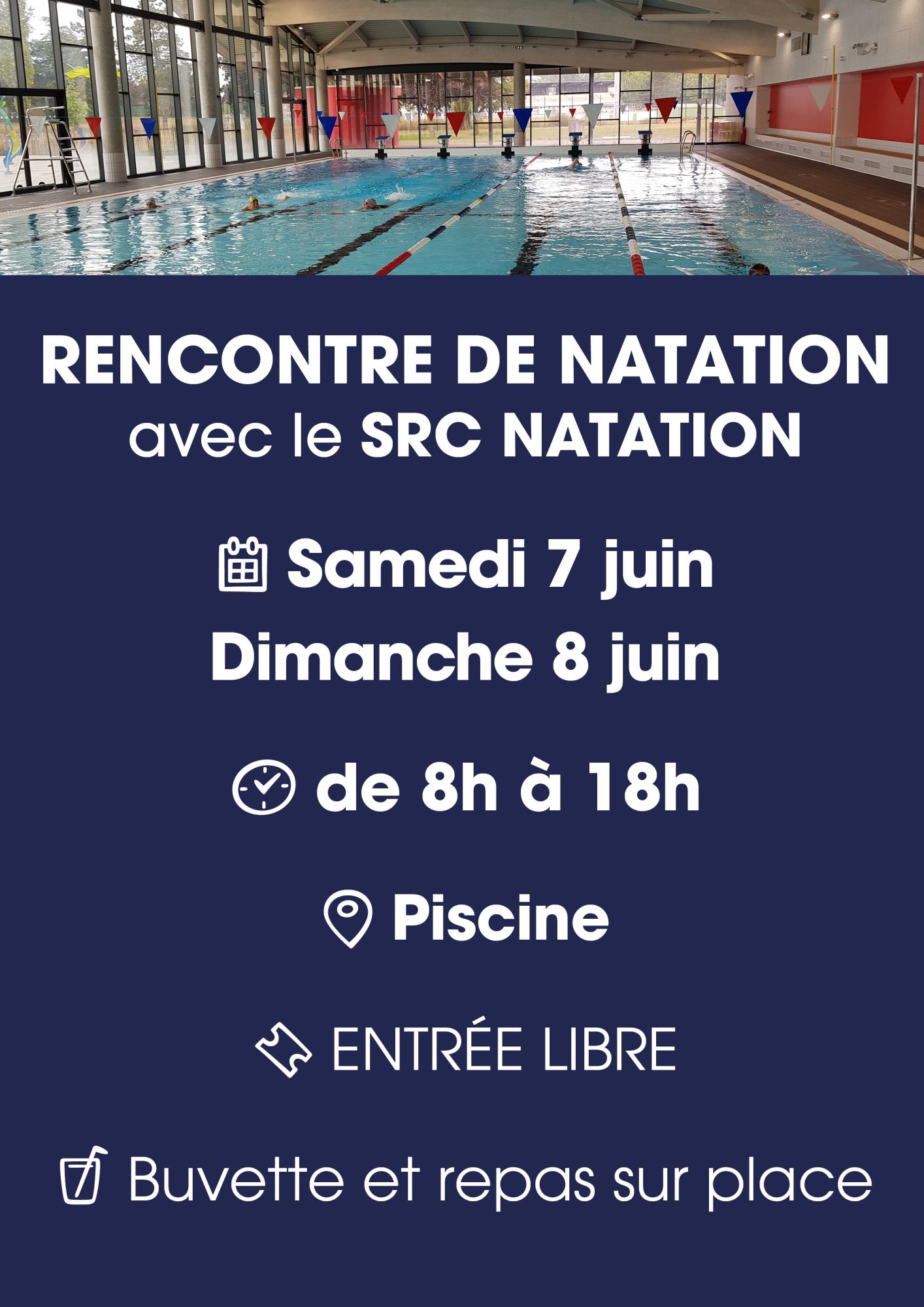 En haut de l'affiche on y voit le bassin de la piscine de Cernay avec des nageurs
