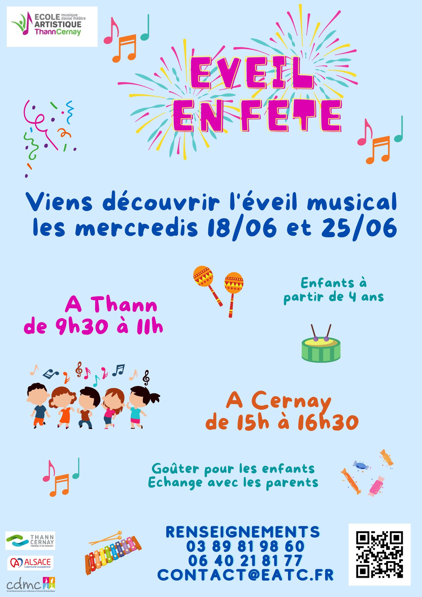 On y voit des illustrations d'enfants et de notes de musique