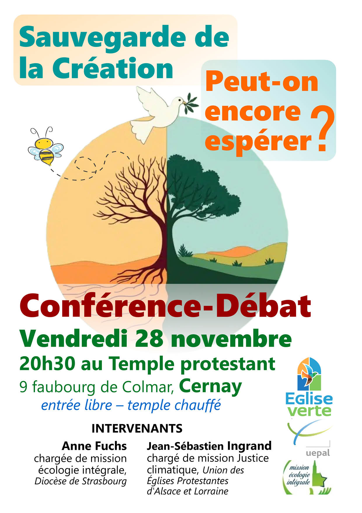 On y voit un arbre coupé en deux 1 côté hiver et 1 côté printemps, avec une abeille