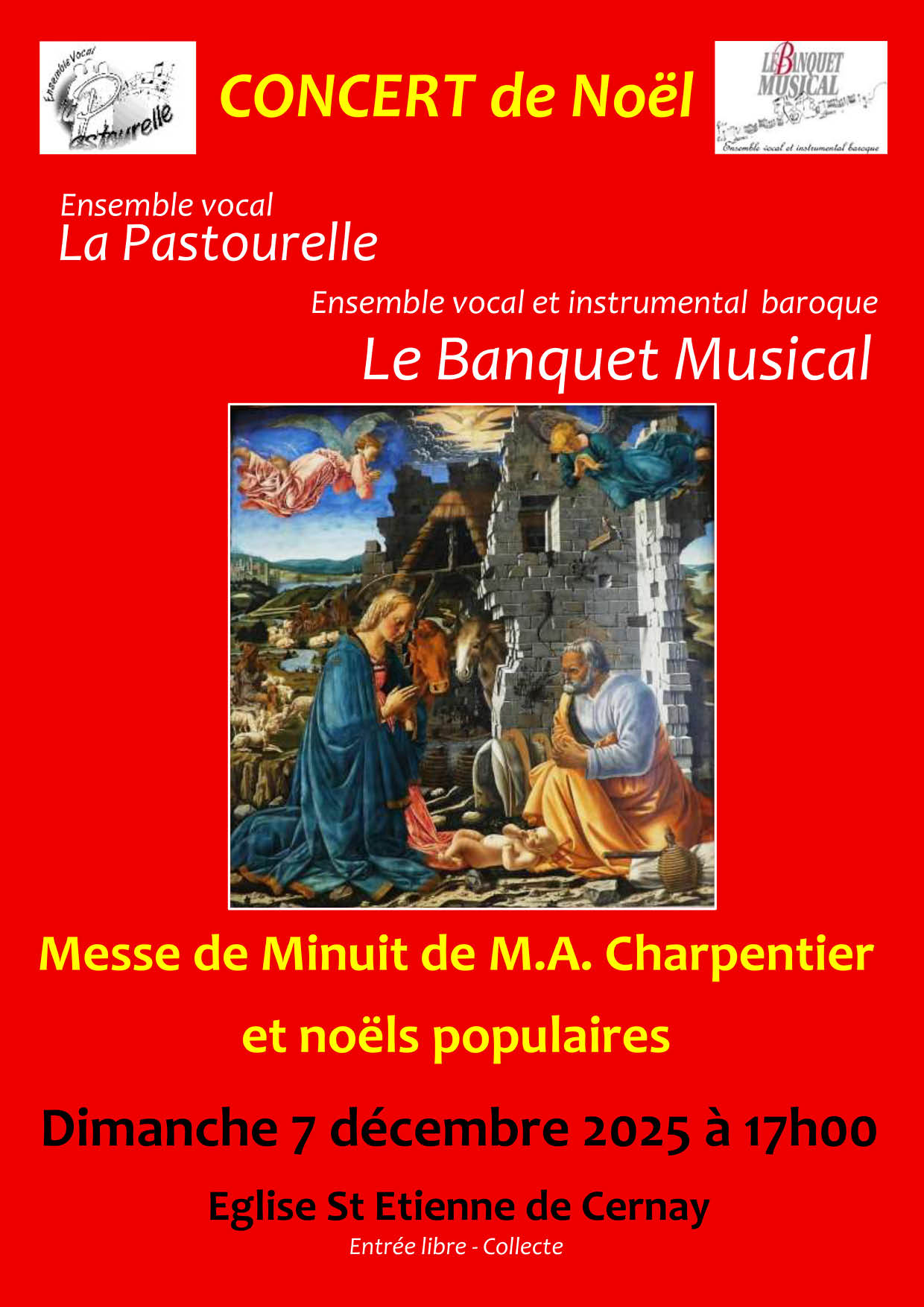 Concert de Noël de La Pastourelle à l'église Saint Etienne de Cernay le 07/12 à 17h On y voit un tableau de la période baroque avec des anges, la vierge Marie, Joseph et le petit jésus, avec un boeuf et un âne.