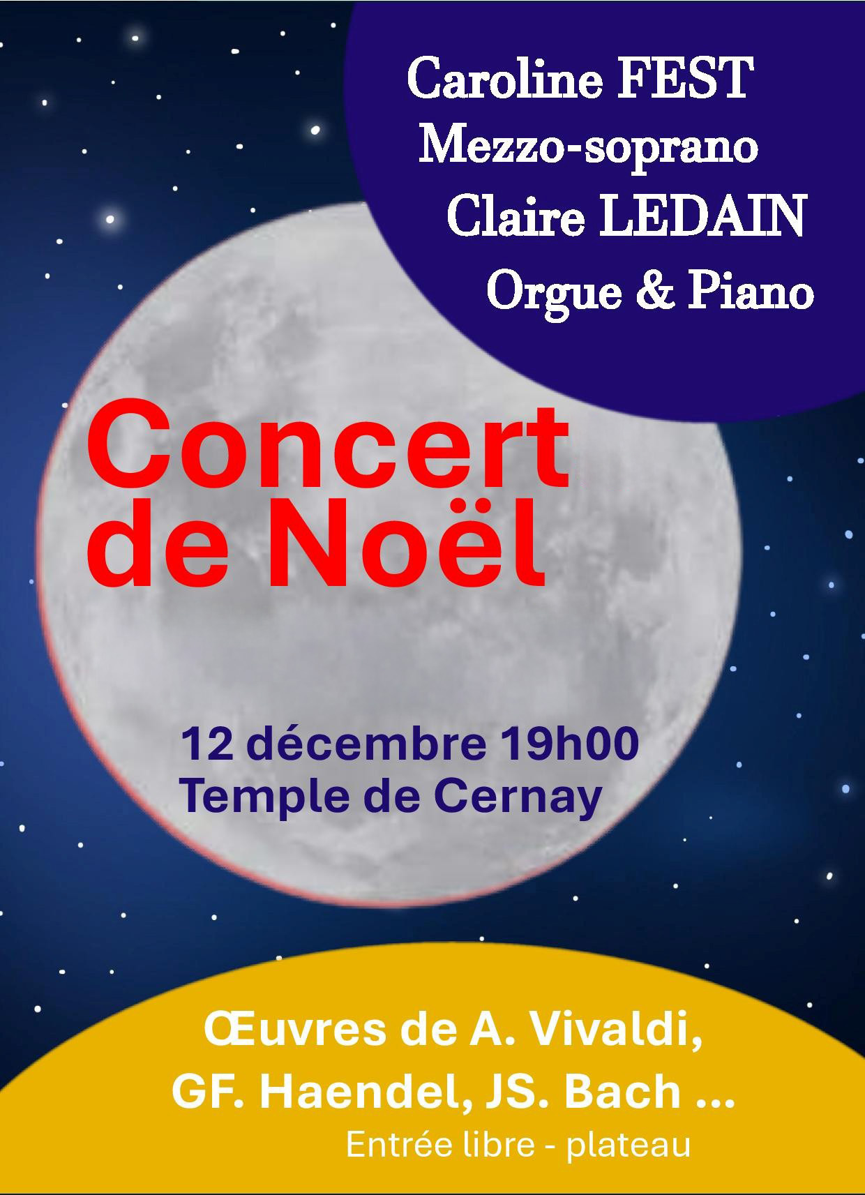 on y voit la pleine lune dans un ciel étoilé