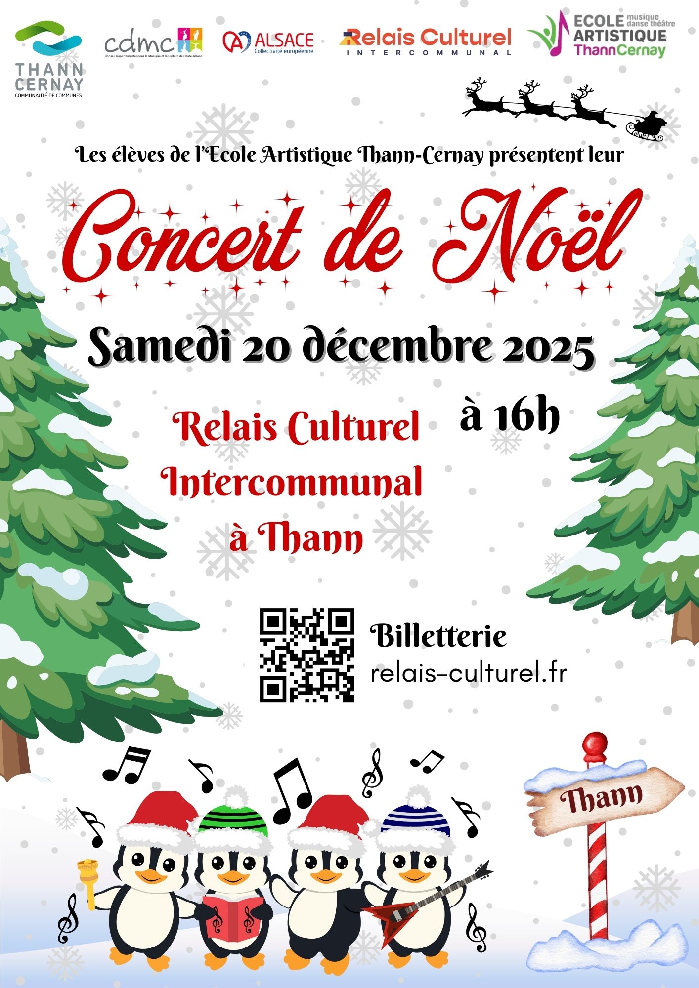 Concert de Noël de l'EATC le 20-12-25 à Thann On y voit des pingouins habillés en lutin devant des sapins avec des notes de musique au-dessus de leur tête.