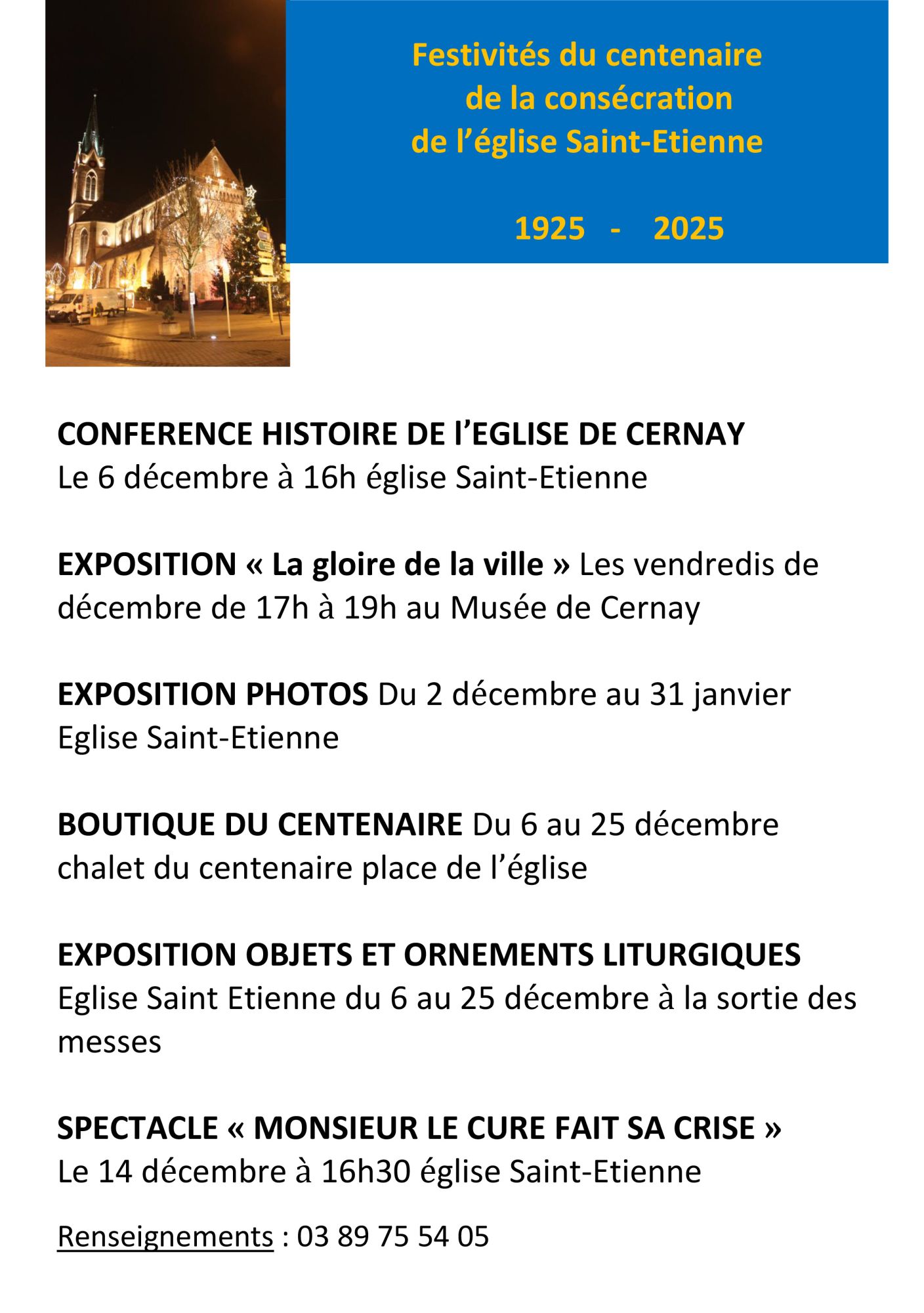 On y voit l'église Saint Etienne de Cernay de nuit.