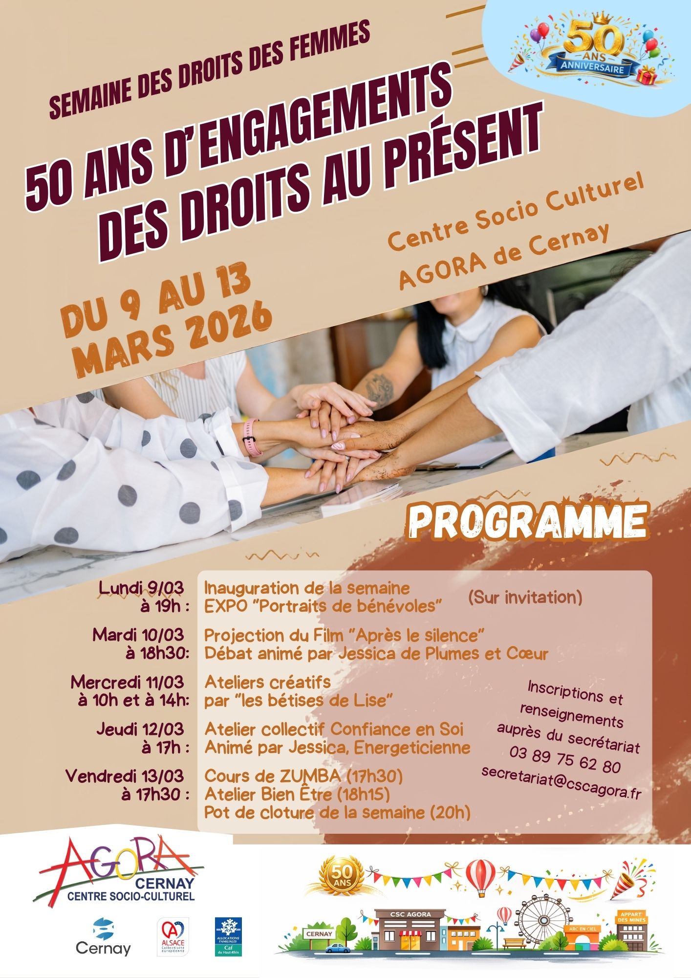 Semaine des droits des femmes avec le centre socio-culturel AGORA de Cernay entre le 9 et le 13 mars 2026 On y voit des mains de femmes et de jeunes filles les unes sur les autres