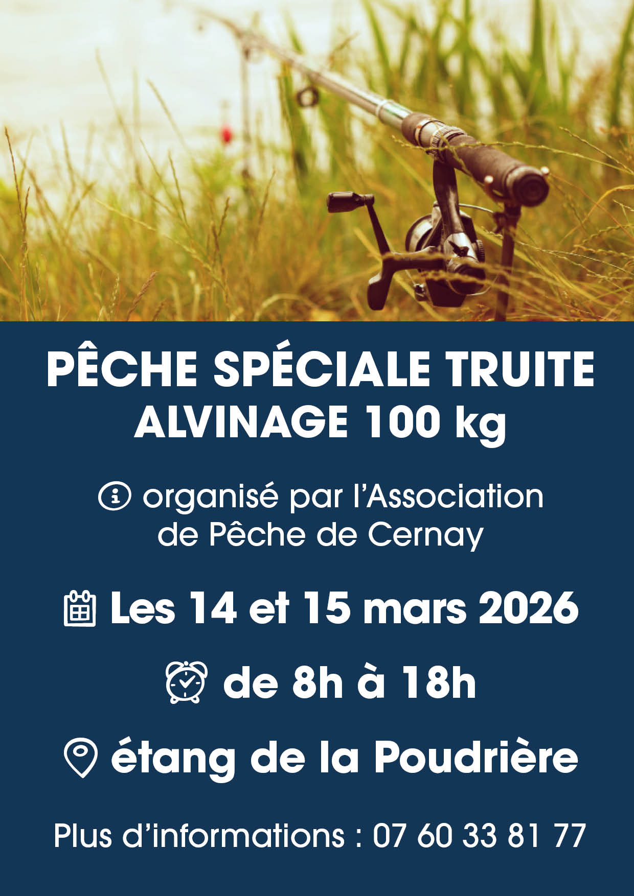 On y voit une canne &agrave; p&ecirc;che le long d'une surface d'eau