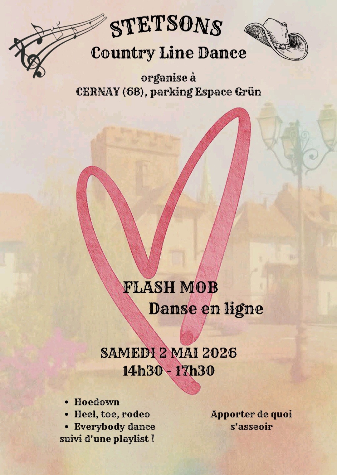 On y voit le mus&eacute;e de Cernay, des notes de musique, un chapeau de cow-boy et un coeur