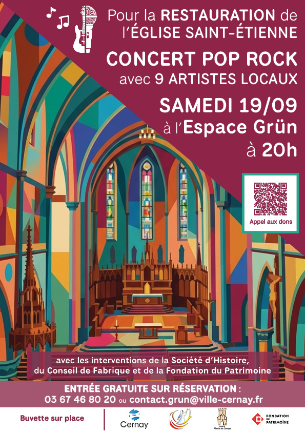 Concert solidaire du 19/19/26 à 20h à l'Espace Grün de Cernay pour la restauration de l'église Saint Etienne On y voit le coeur de l'église Saint Etienne de Cernay en version vitraux.