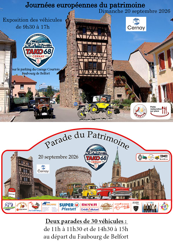 Exposition et parade d'anciens véhicules le 20-09-26 à Cernay de 9h30 à 17h. On y voit d'anciens véhicules qui circulent à côté de la Porte de Thann à Cernay.