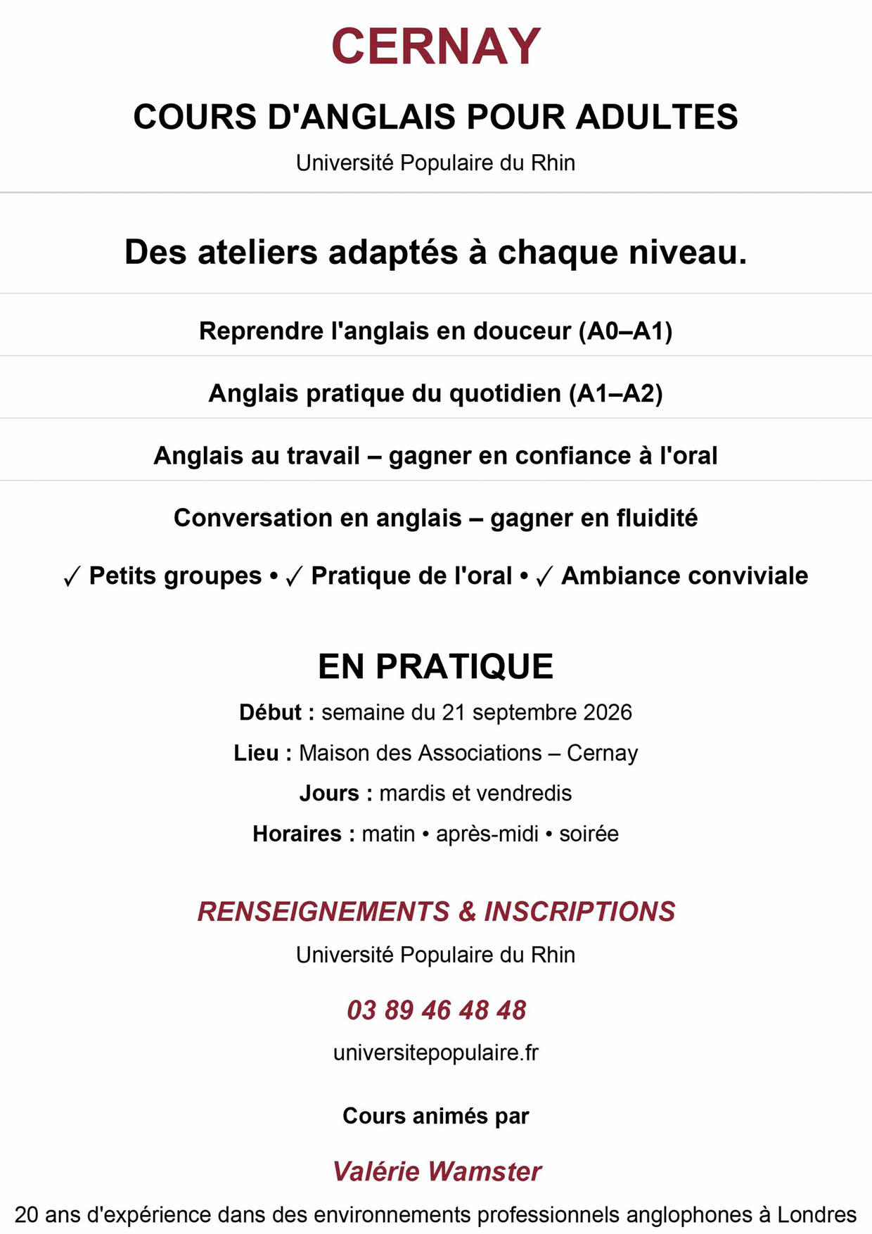 Cours d'anglais à Cernay à partir du 21/09/26 avec l'UP Cours d'anglais à Cernay à partir du 21/09/26 avec l'UP