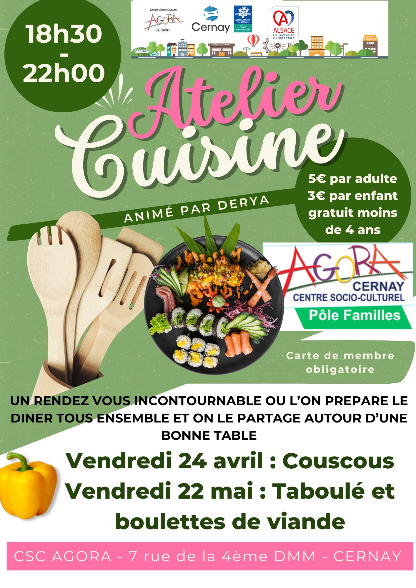 On y voit une assiette garnie et des ustensiles de cuisine en bois.