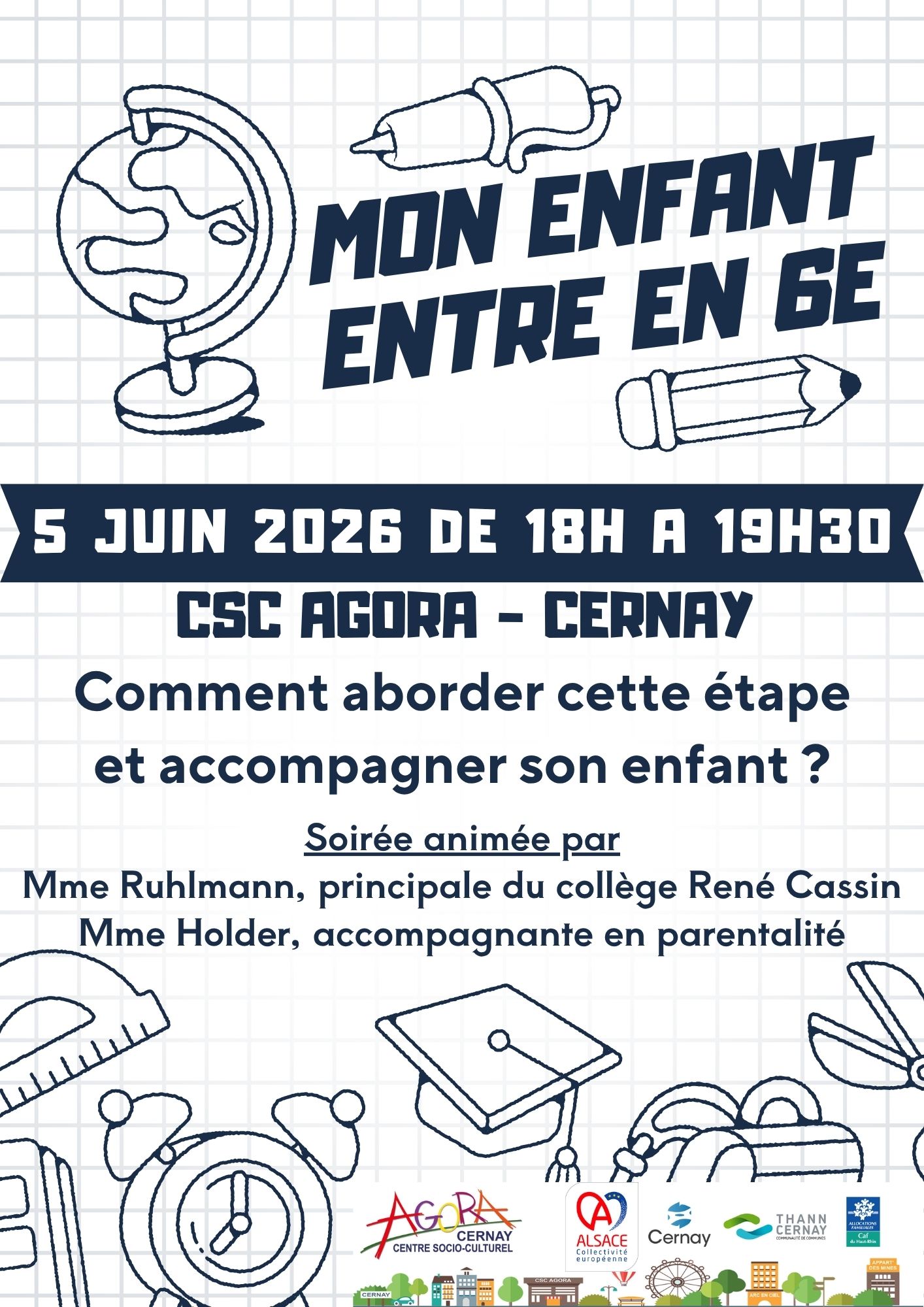 On y voit des dessins avec des objets autour de l'&eacute;cole (ciseau, crayon, raporteur...)