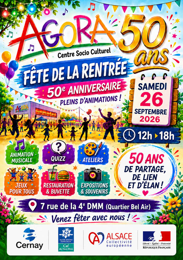 On y voit des personnages devant le centre AGORA, il y a des guirlandes color&eacute;es des ballons, des notes de musique.