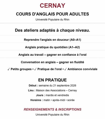 COURS D'ANGLAIS avec l'Université Populaire du Rhin