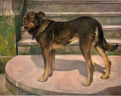Tableau Cez - On y voit un chien marron, en bas d'un escalier