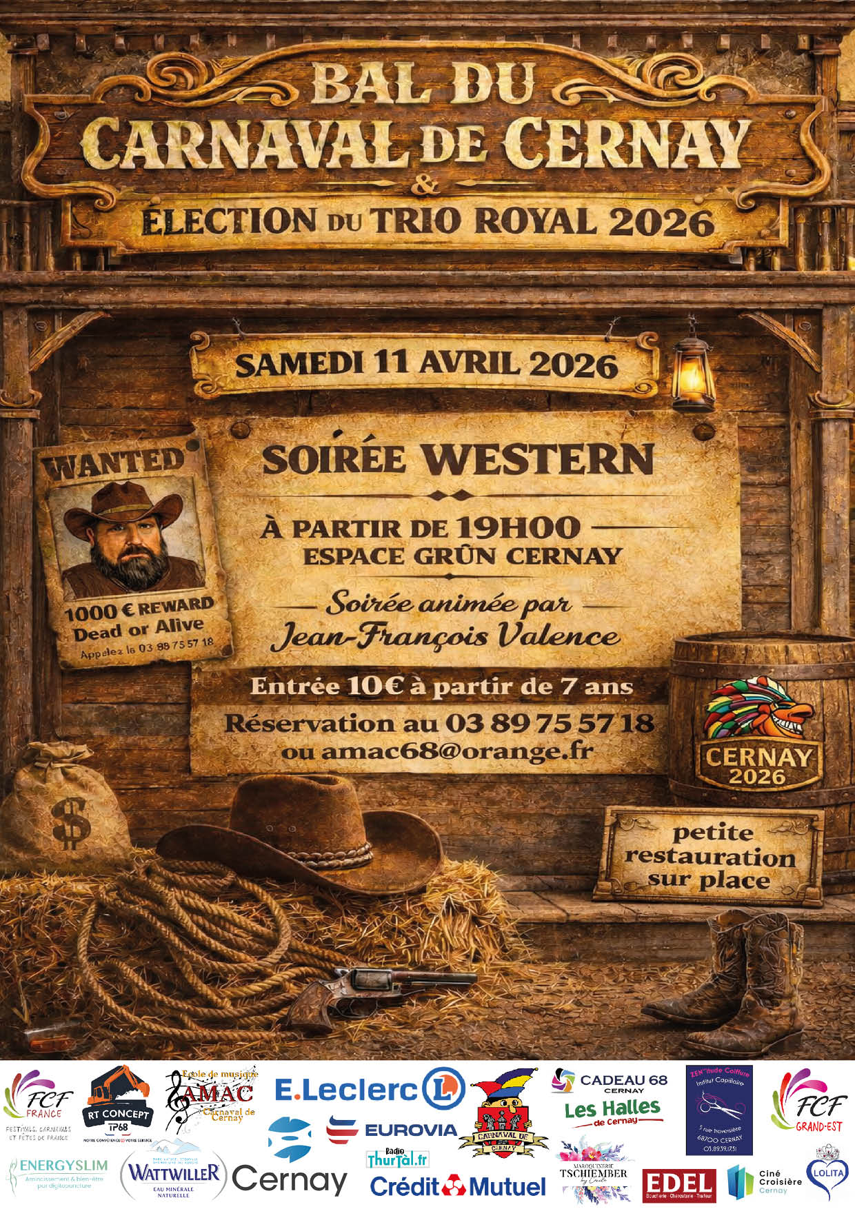 On y voit un mur de saloon avec un chapeau de Cowboy, un lasso, un tonneau, des bottes, un pistolet et une affiche WANTED avec une t&ecirc;te de cowboy
