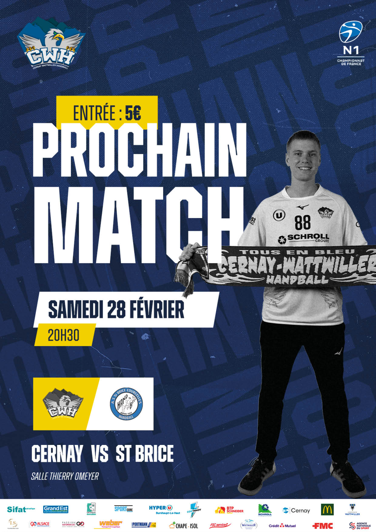 On y voit un gardien de handball qui tient l'&eacute;charppe du CWH