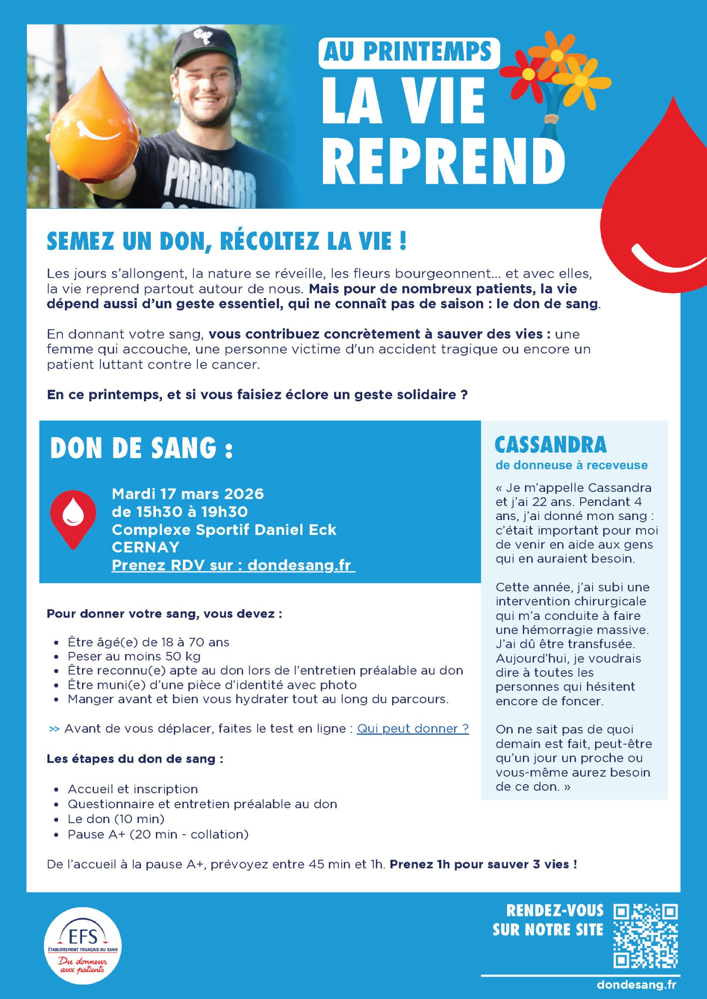 Don du sang à Cernay le 17-03-26 - comment donner son sang On y voit un homme qui tient dans une de ses main une goutte de sang en plastique