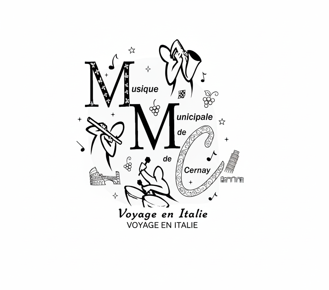 On y voit le logo de la Musique Municipale de Cernay avec des musiciens, des notes de musique et le colisé de Rome