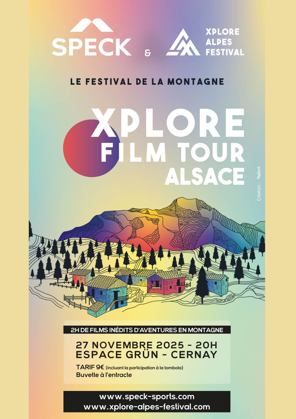 Festival de la Montagne à l'Espace Grün de Cernay le 27-11-25 à 20 h On y voit des montagnes multicolores avec des sapins noirs et des maisons aux pieds des montagnes