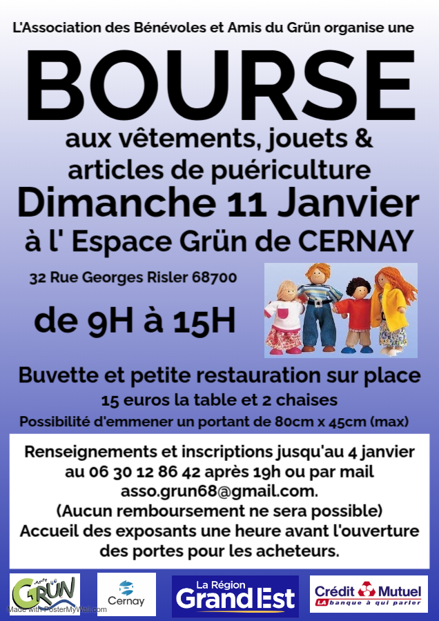 Bourse aux vêtements, jouets et articles de puériculture le 11-01-26 à l'Espace Grün On y voit 4 poupées