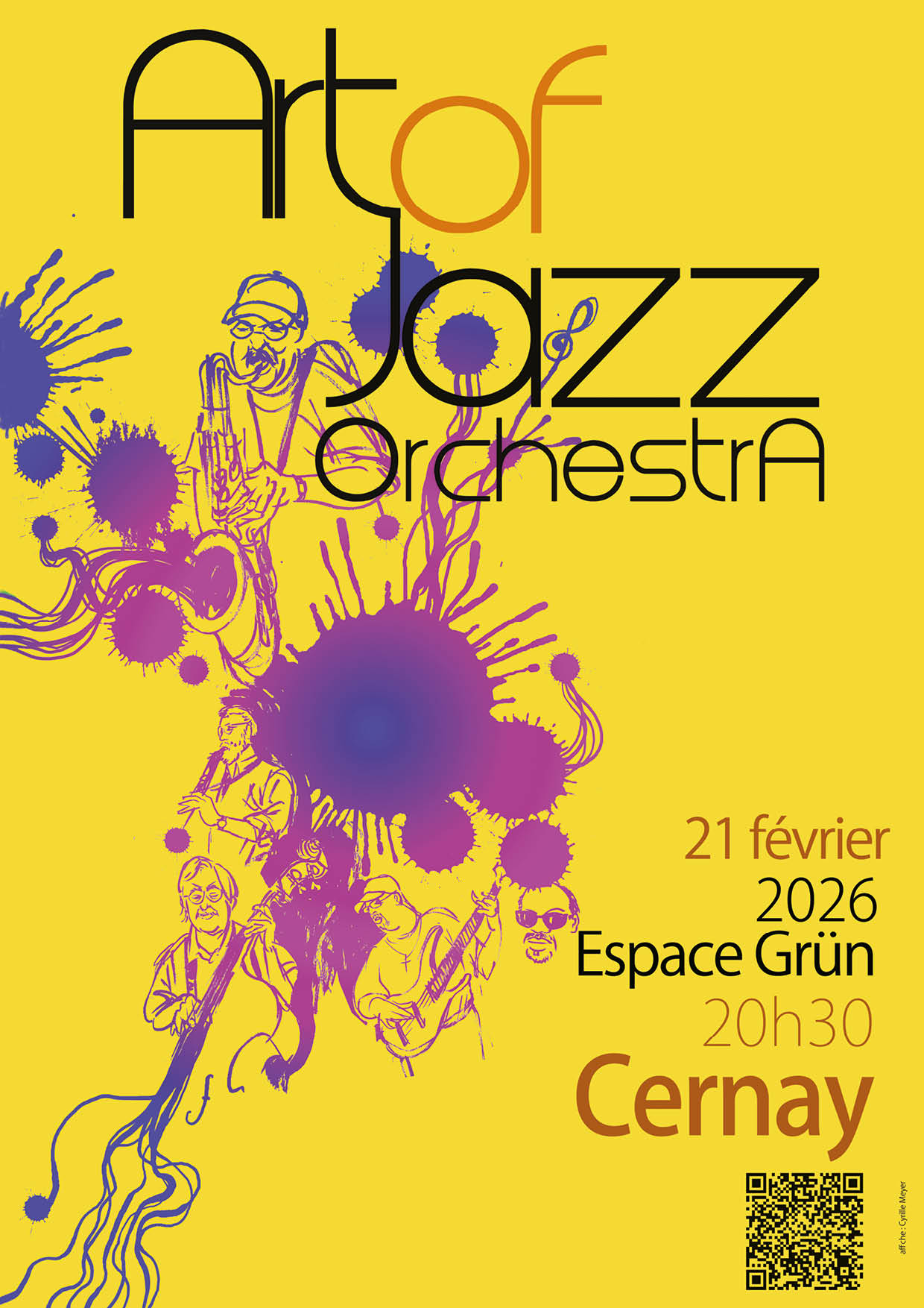 Concert Art Of Jazz Orchestra le 21-02-26 à l'Espace Grün de Cernay On y voit des tâches de peinture violettes en forme de musiciens de jazz avec leurs instruments