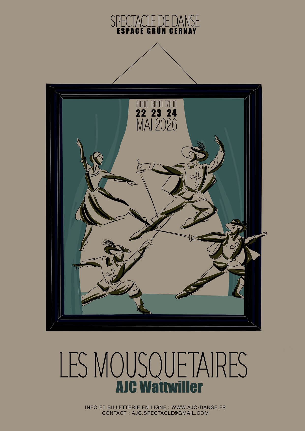 Spectacle de danse de l'AJC de Wattwiller à l'Espace Grün de Cernay les 22, 23 et 24-05-26 On y voit trois mousquetaires et une danseuse dans un cadre.