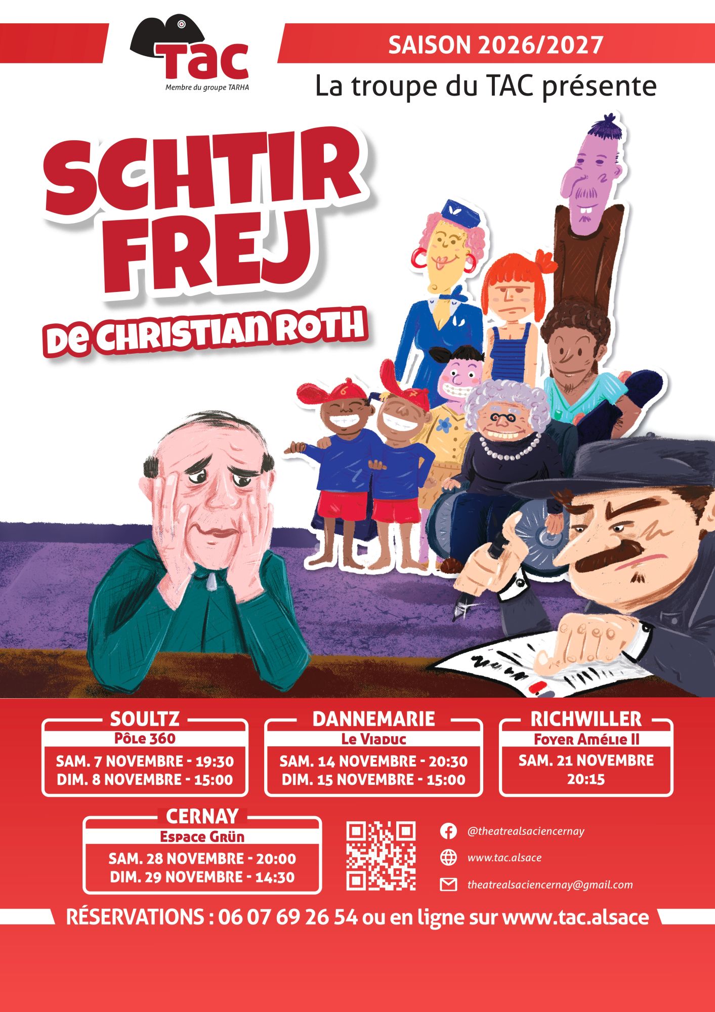 Affiche Théâtre Alsacien de Cernay On y voit les informations sur le théâtre en alsacien en rouge et blanc avec des personnages au milieu sur un fond blanc