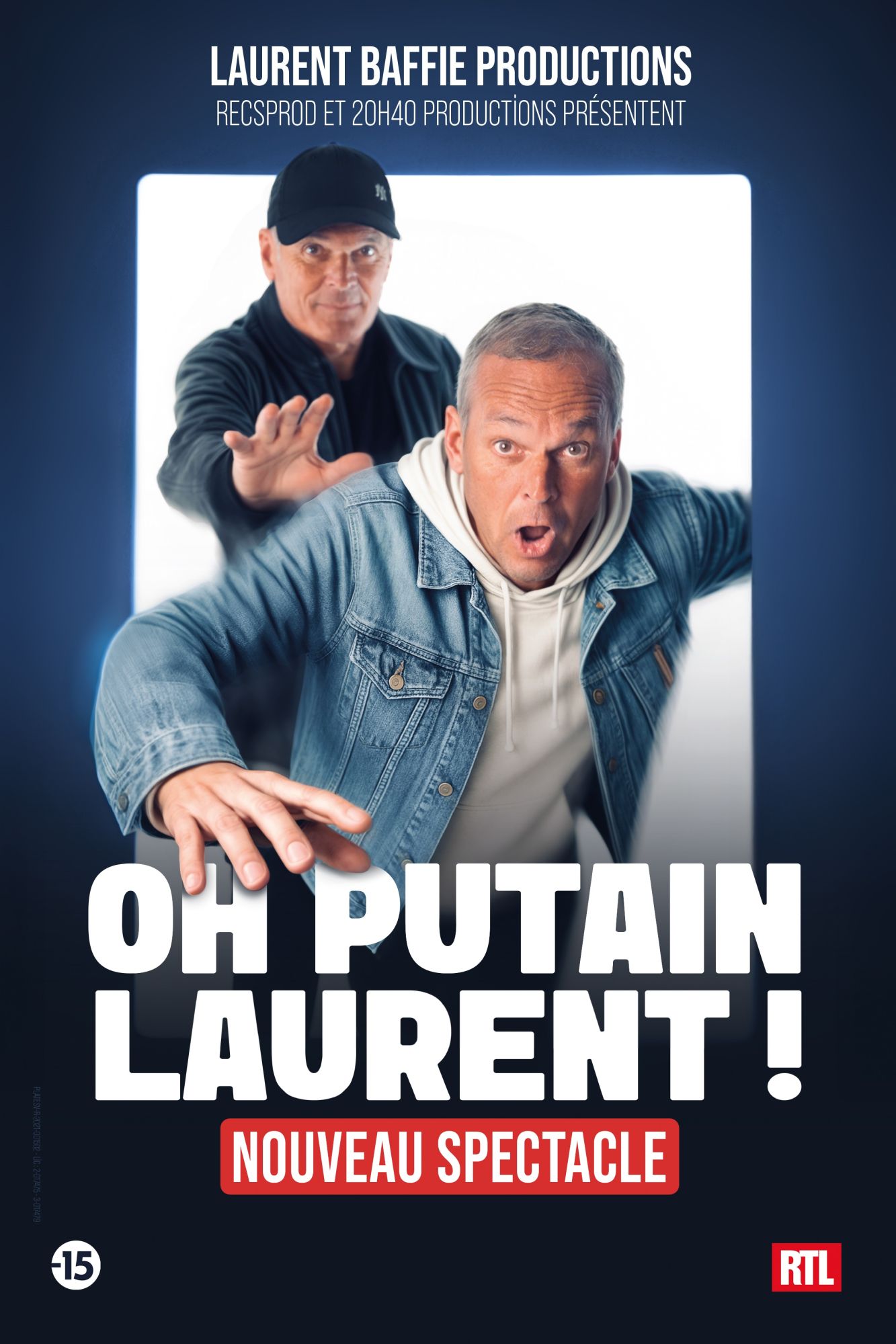Affiche du spectacle de Laurent Baffie On y voit ddeux fois Laurent Baffie sur un fond bleu
