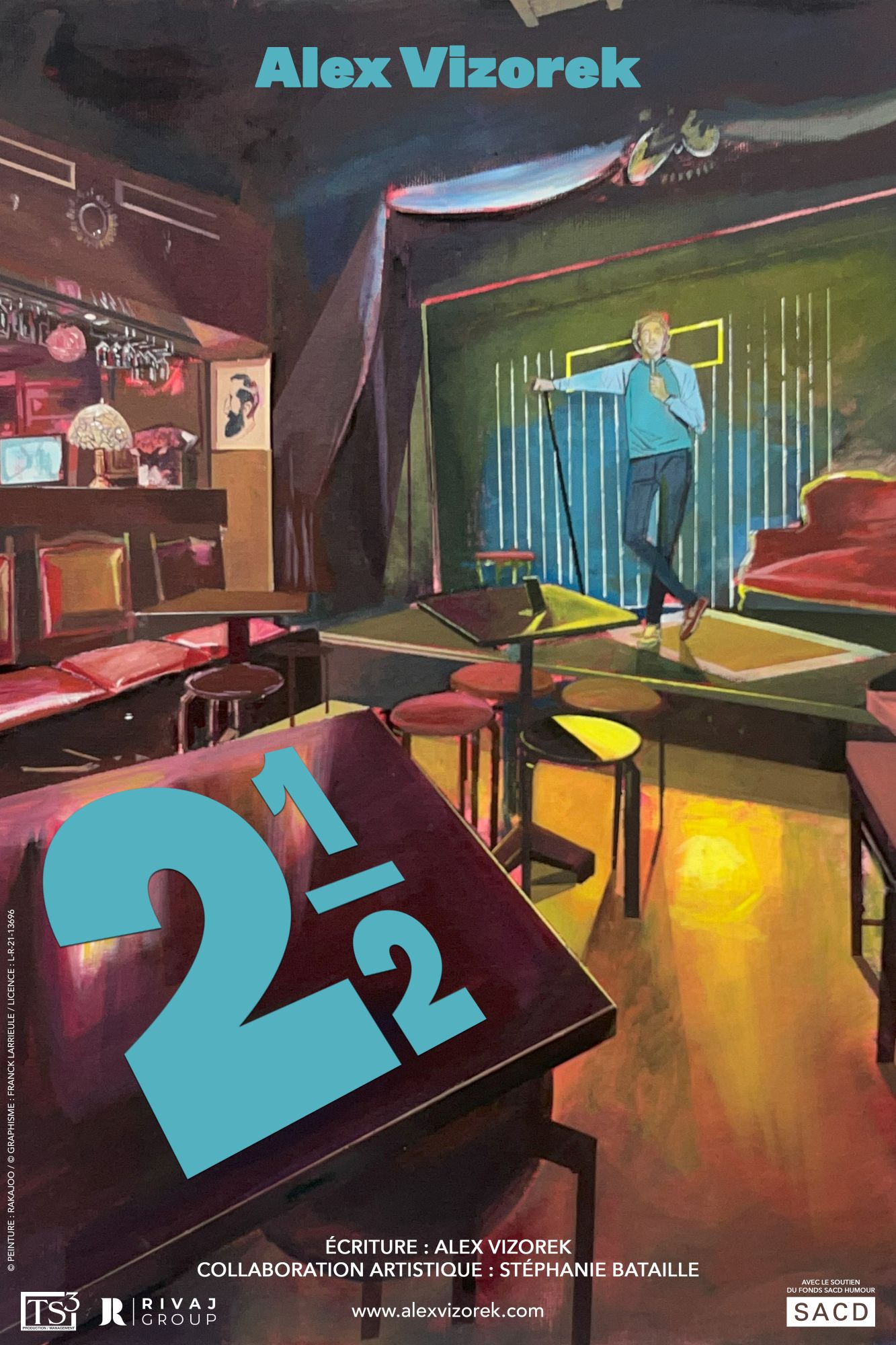 Affiche du spectacle d'Alex Vizorek On y voit l'artiste debout en mode stand-up dans un restaurant/café