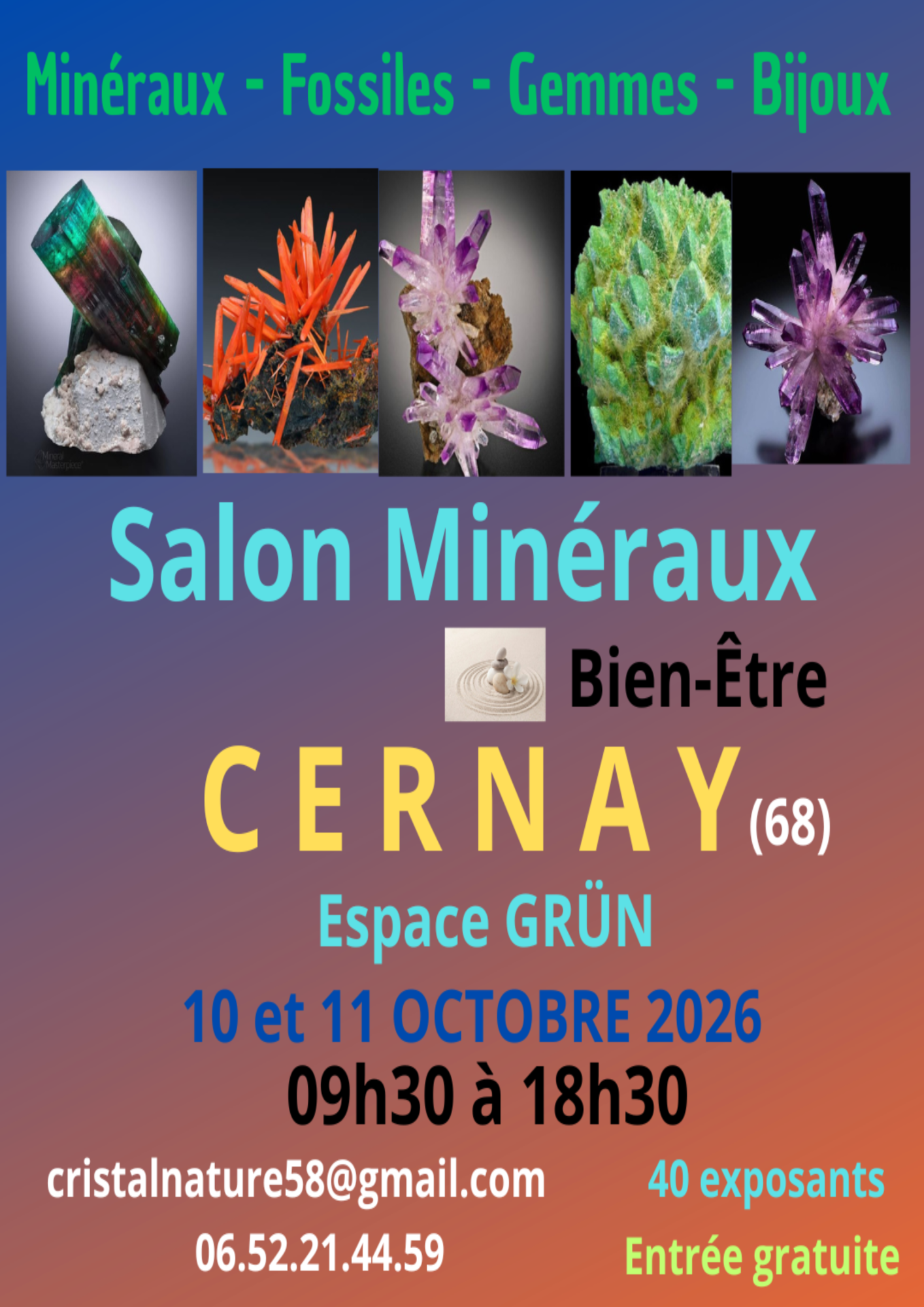 Affiche du salon des minéraux On voit des images de minéraux au centre avec toutes les informations de l'évènement autour.