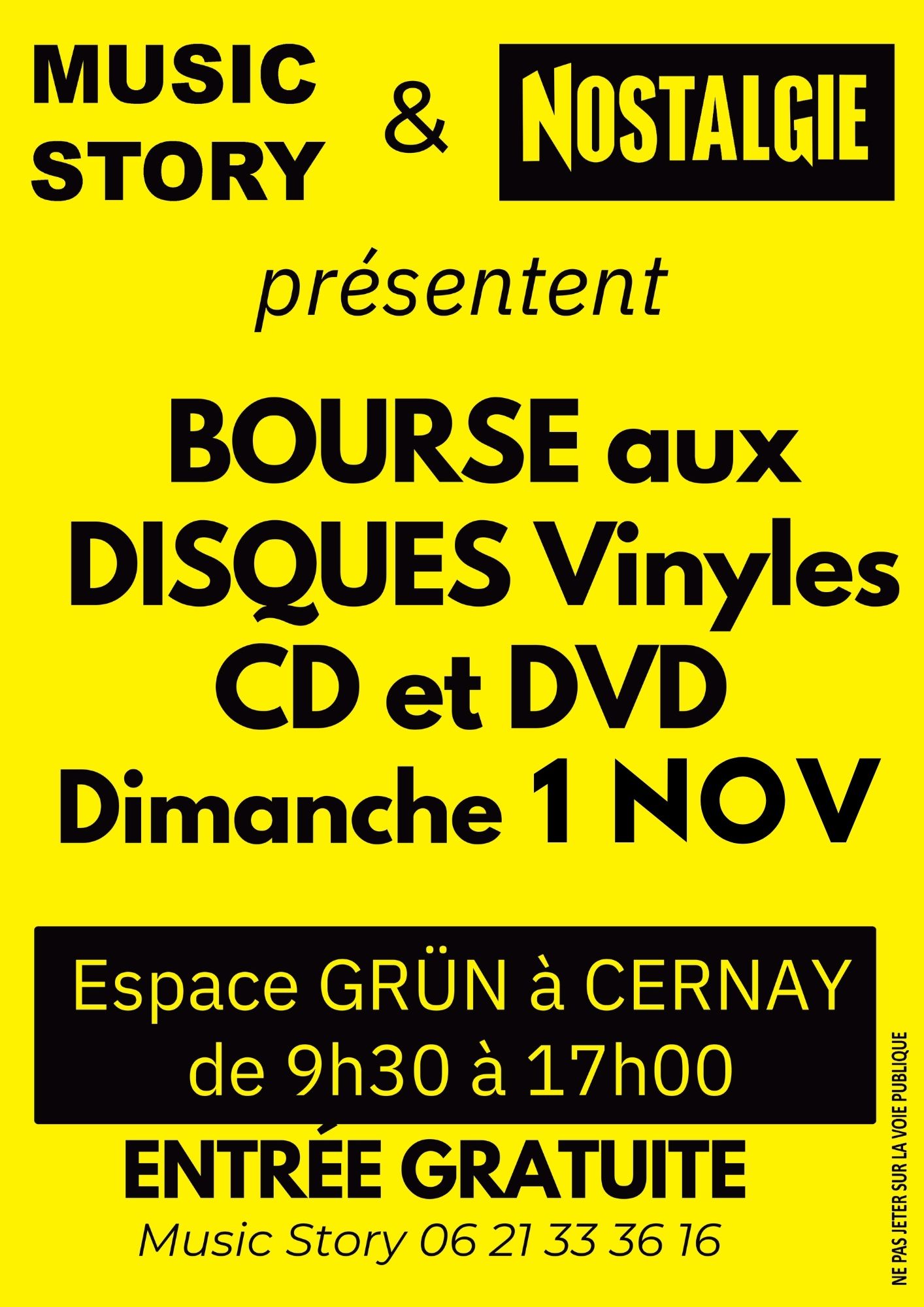 Affiche bourse aux disques On y voit des écritures avec les informations de l'évènement en noires sur un fond jaune