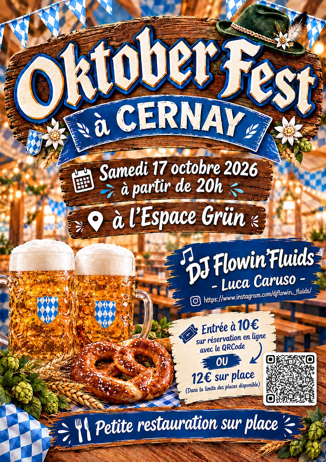 Affiche Oktober Fest On y voit un bretzel avec deux pintes de bières en premier plan avec des informations sur l'évènement