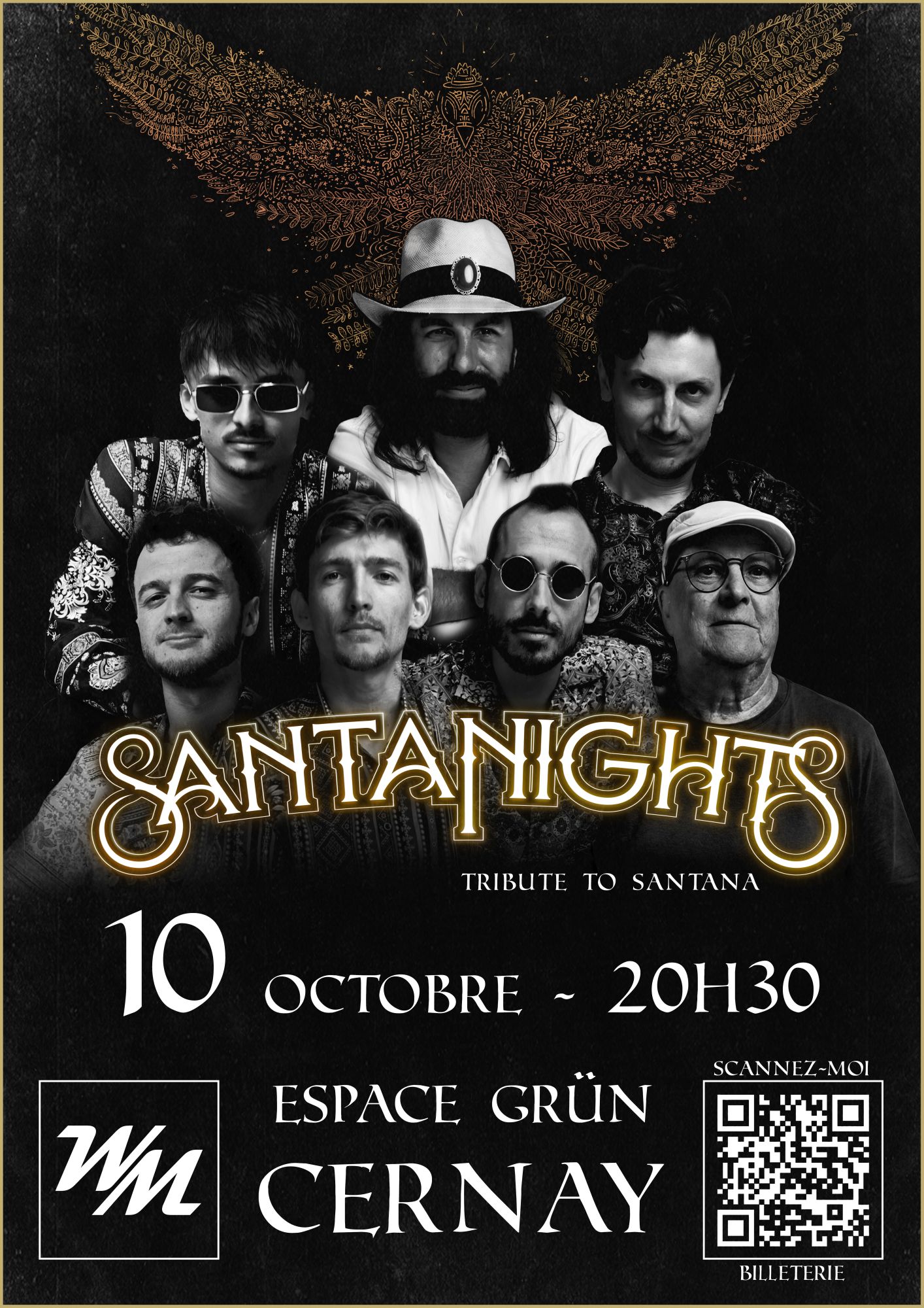 Affiche Sanatnights On y voit les membres du groupe Santanights sur un fond noir